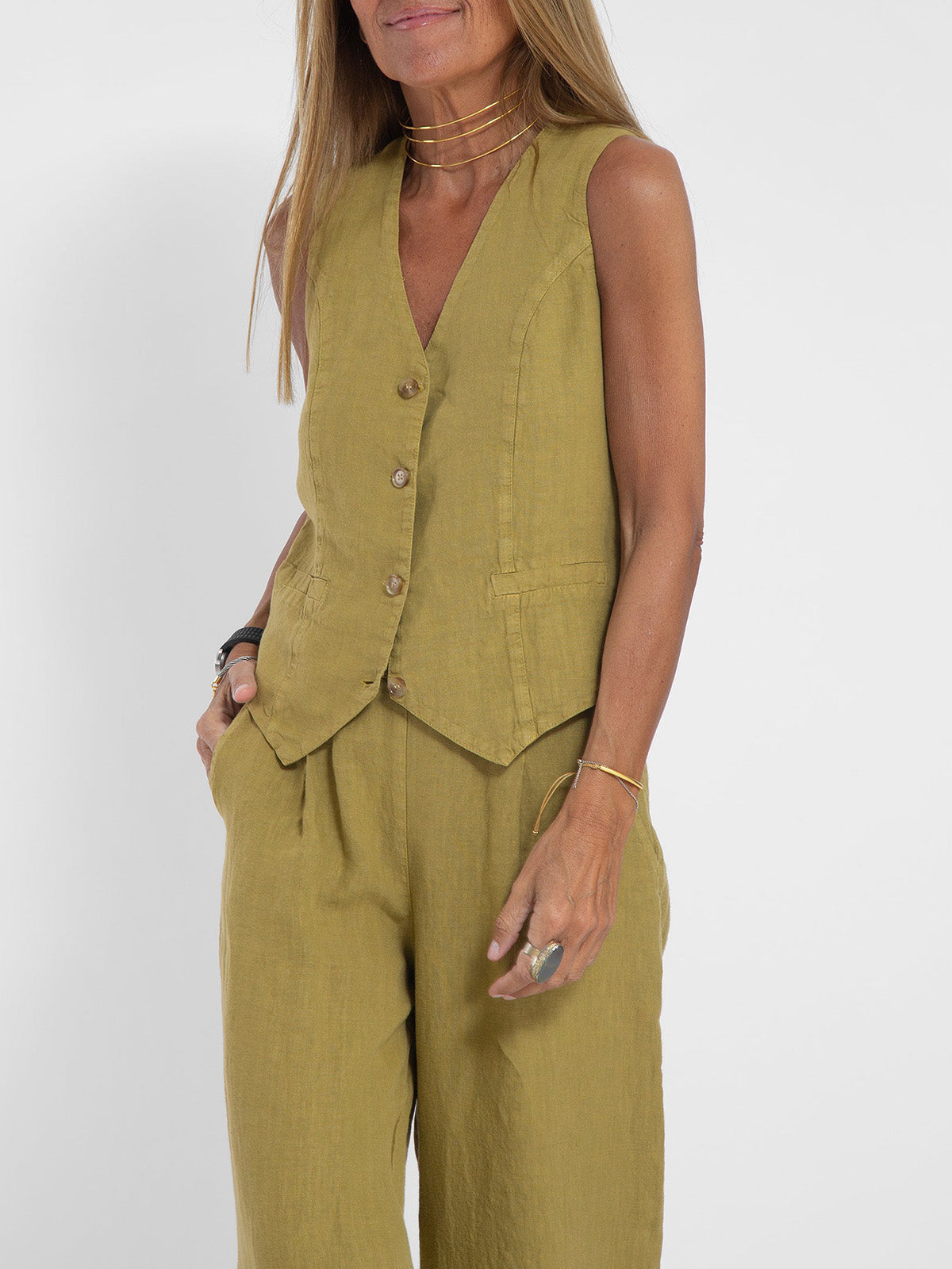 Aira Buttoned Vest & Wide-Leg Trousers Set