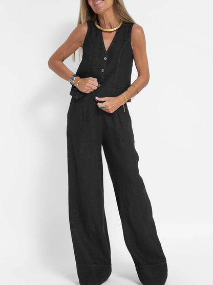 Aira Buttoned Vest & Wide-Leg Trousers Set