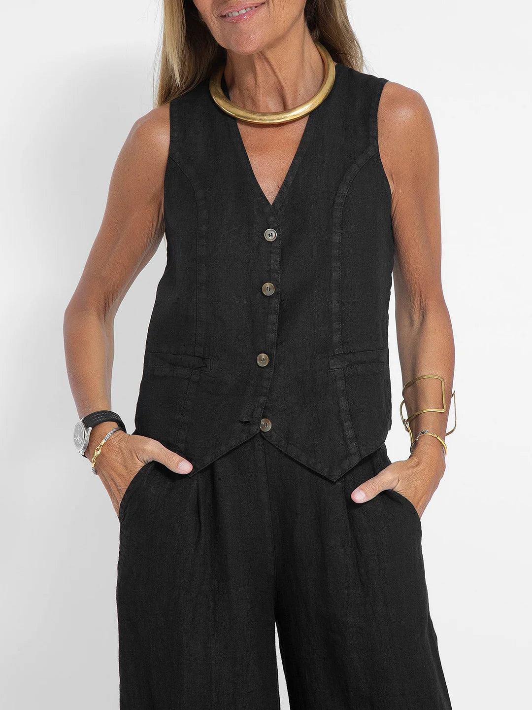 Aira Buttoned Vest & Wide-Leg Trousers Set