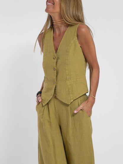 Aira Buttoned Vest & Wide-Leg Trousers Set