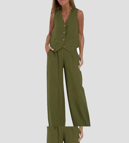 Aira Buttoned Vest & Wide-Leg Trousers Set