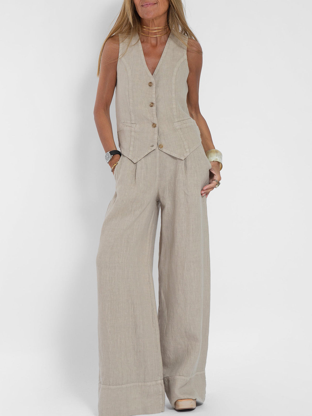 Aira Buttoned Vest & Wide-Leg Trousers Set