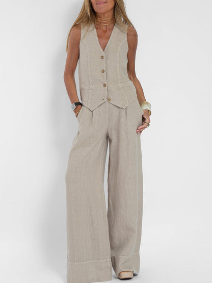 Aira Buttoned Vest & Wide-Leg Trousers Set