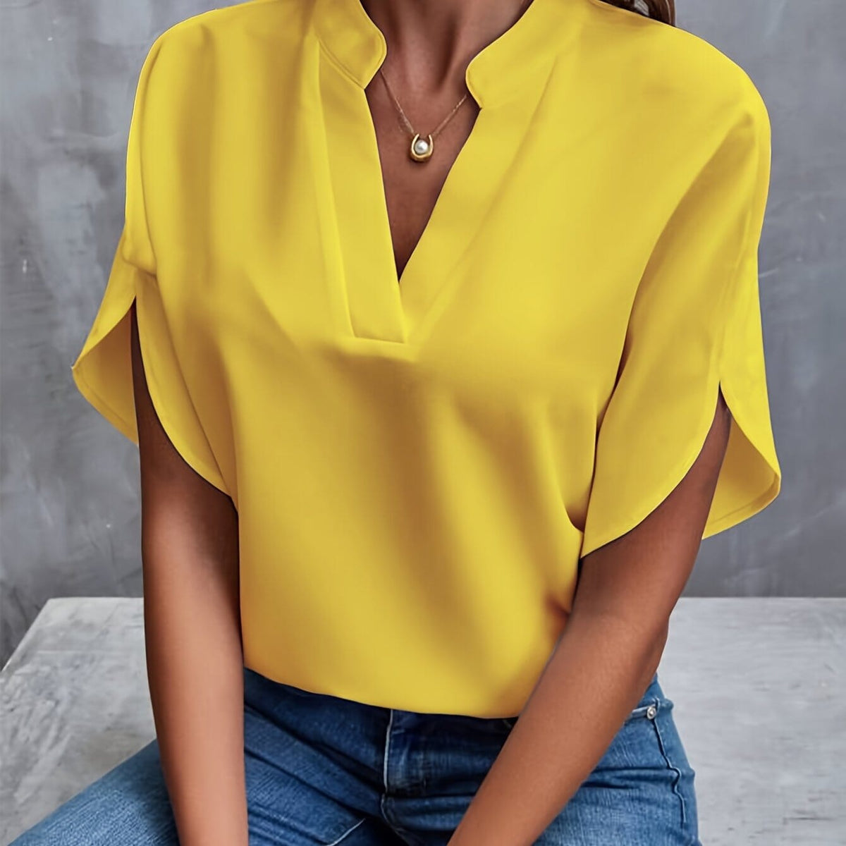 Split Neck Short-Sleeve Blouse