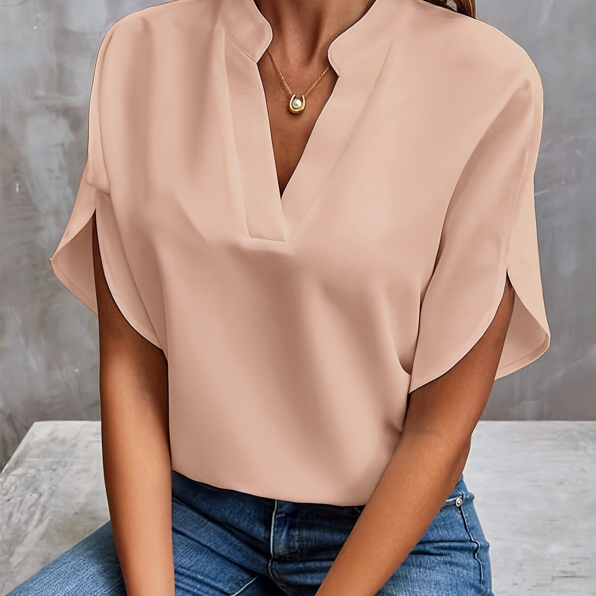 Split Neck Short-Sleeve Blouse