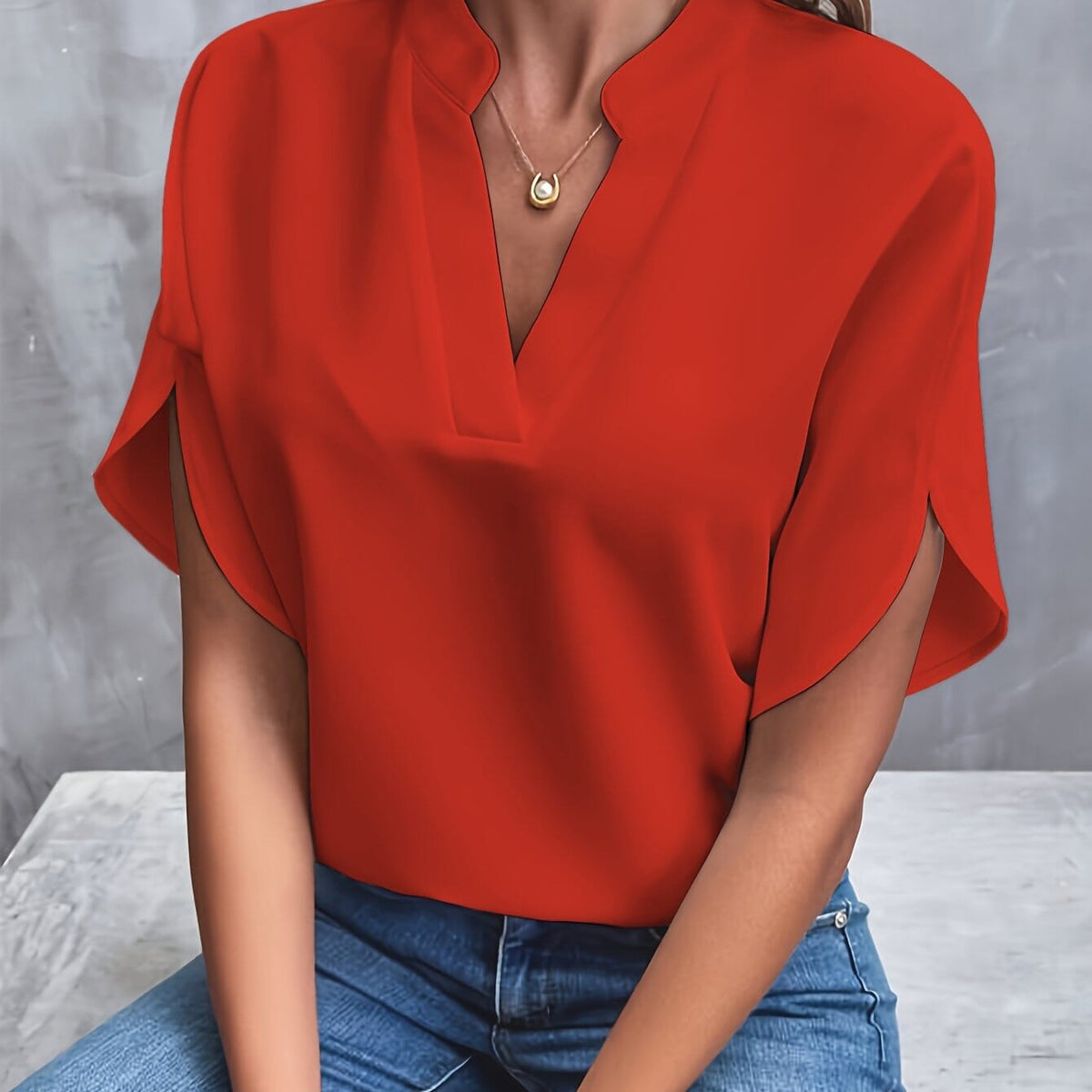 Split Neck Short-Sleeve Blouse
