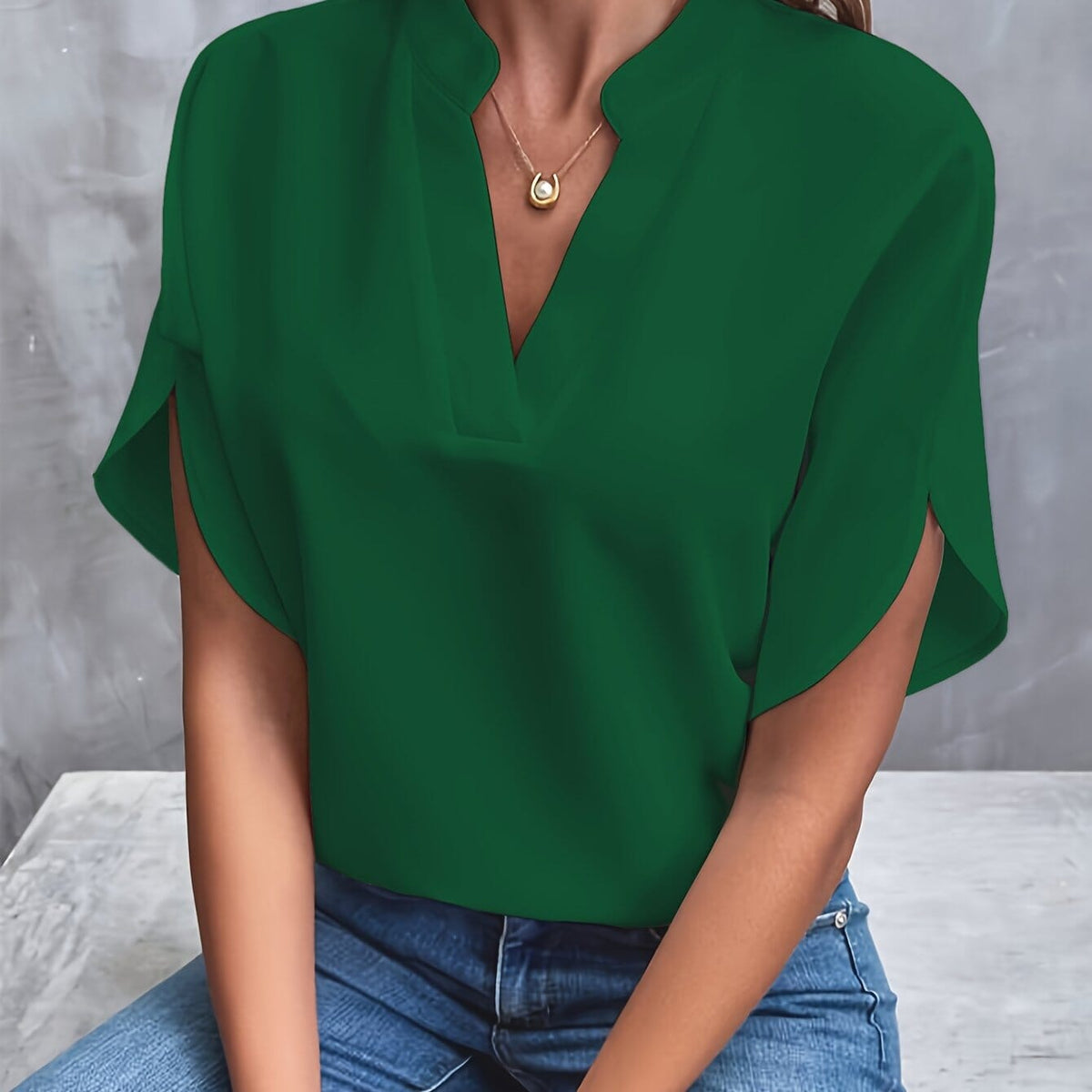 Split Neck Short-Sleeve Blouse