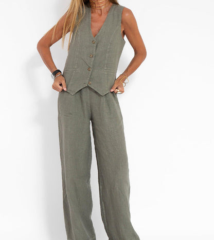 Aira Buttoned Vest & Wide-Leg Trousers Set