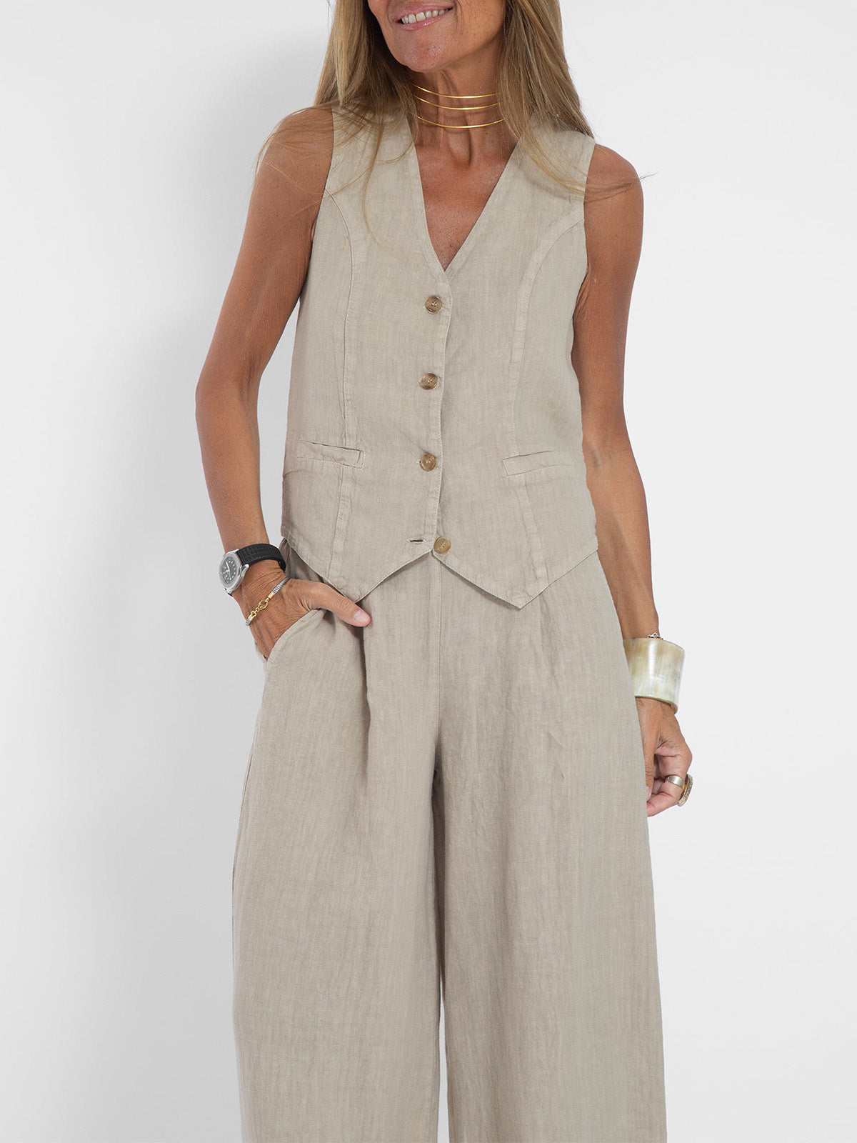 Aira Buttoned Vest & Wide-Leg Trousers Set
