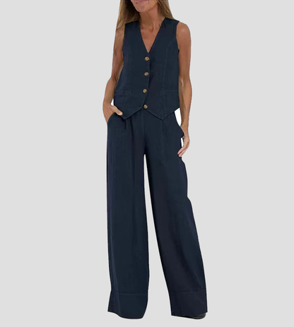 Aira Buttoned Vest & Wide-Leg Trousers Set