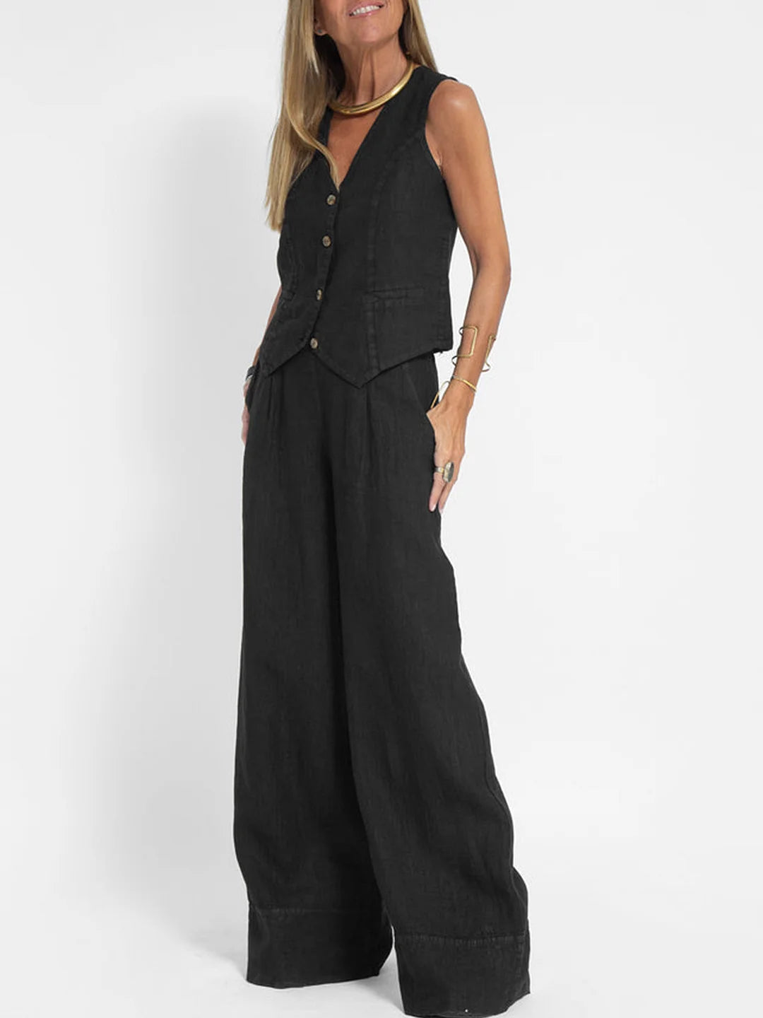 Aira Buttoned Vest & Wide-Leg Trousers Set