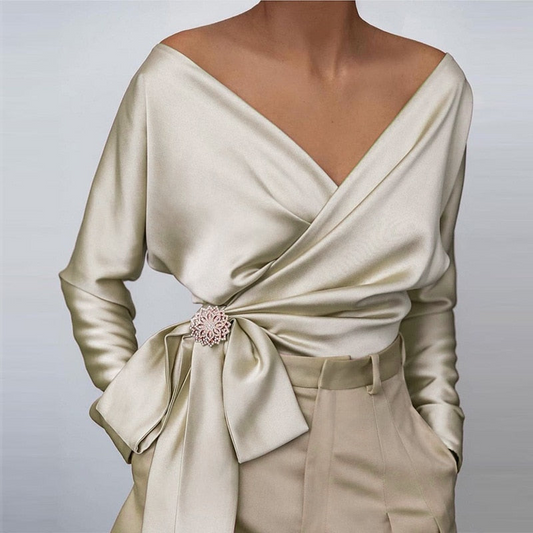 Satin Wrap Top with Brooch Detail