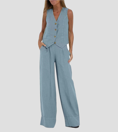 Aira Buttoned Vest & Wide-Leg Trousers Set