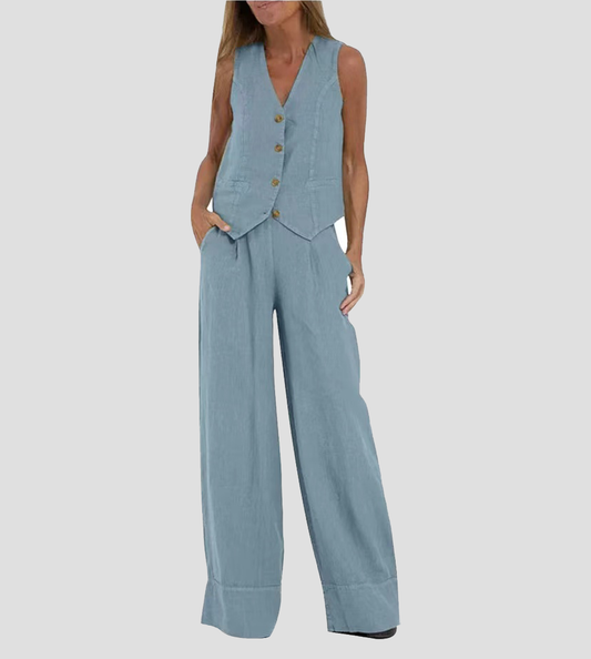 Aira Buttoned Vest & Wide-Leg Trousers Set