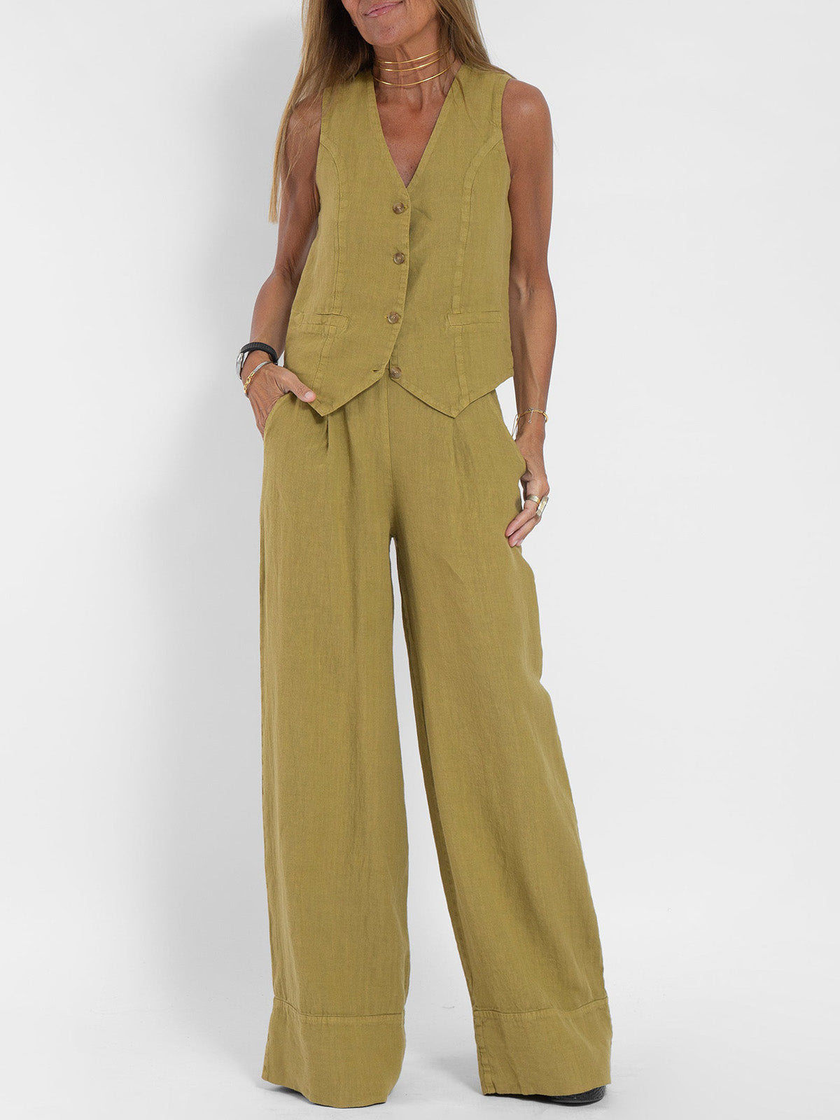 Aira Buttoned Vest & Wide-Leg Trousers Set