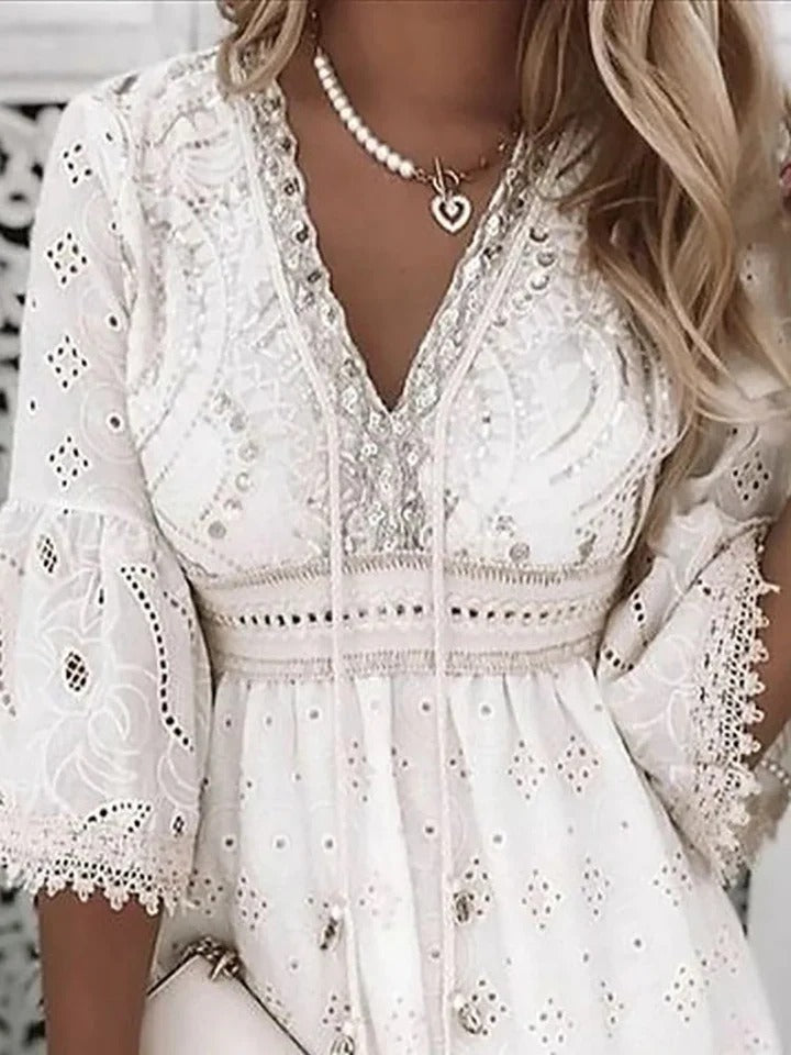 Embroidered Mini Dress with Bell Sleeves