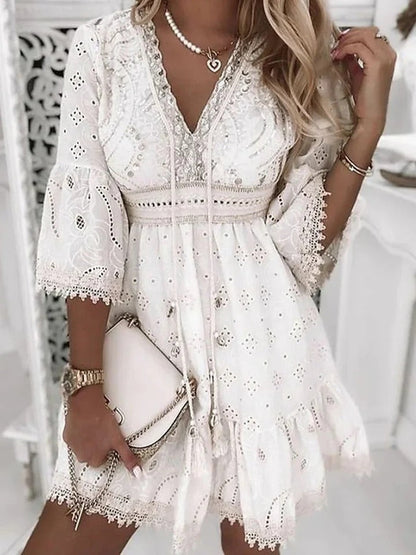 Embroidered Mini Dress with Bell Sleeves