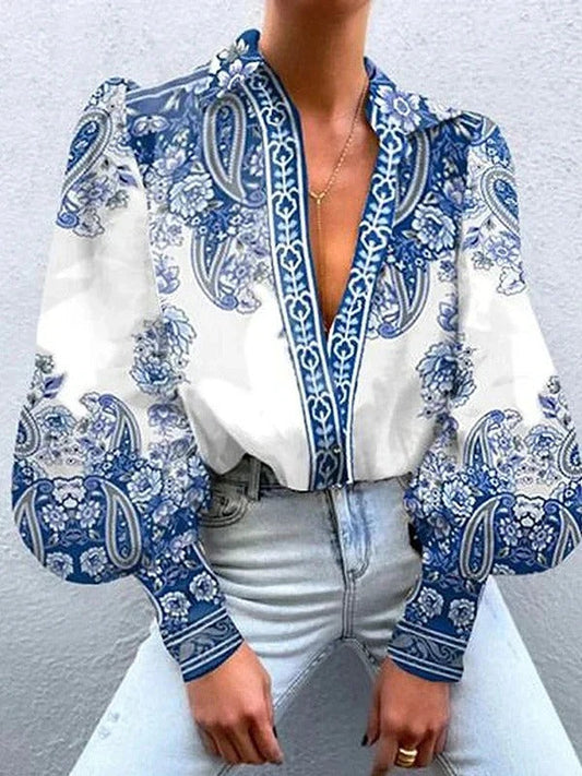 Deep V Paisley Print Blouse