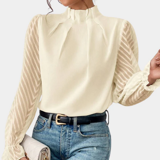 Sheer Sleeve High-Neck Blouse
