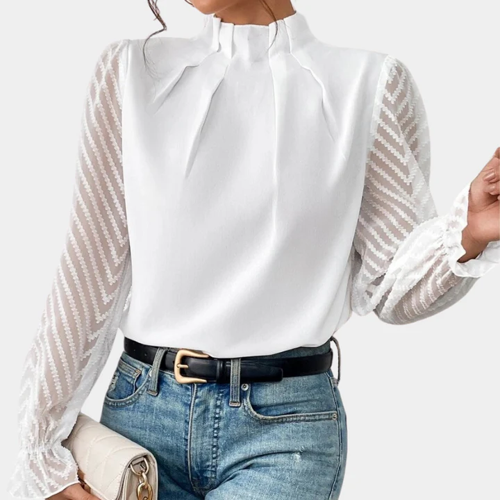 Sheer Sleeve High-Neck Blouse