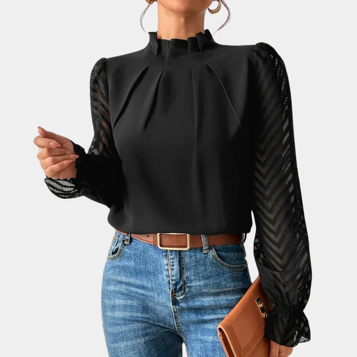 Sheer Sleeve High-Neck Blouse