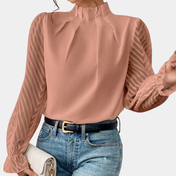 Sheer Sleeve High-Neck Blouse