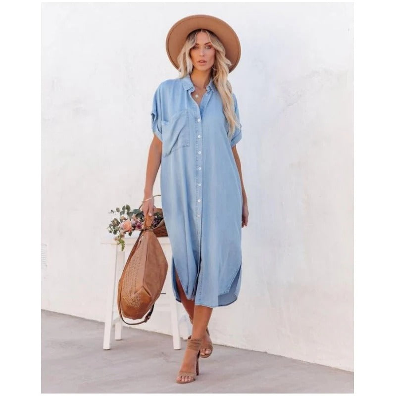 Relaxed Button-Down Midi Shirt Dress