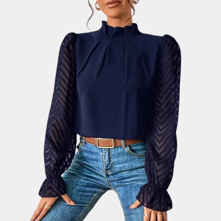 Sheer Sleeve High-Neck Blouse