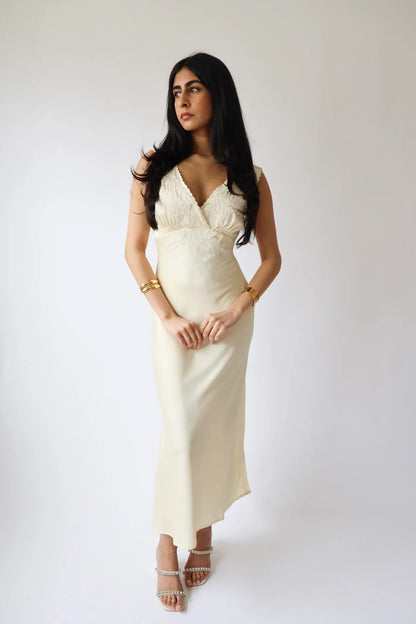 Lace-Trim V-Neck Midi Dress