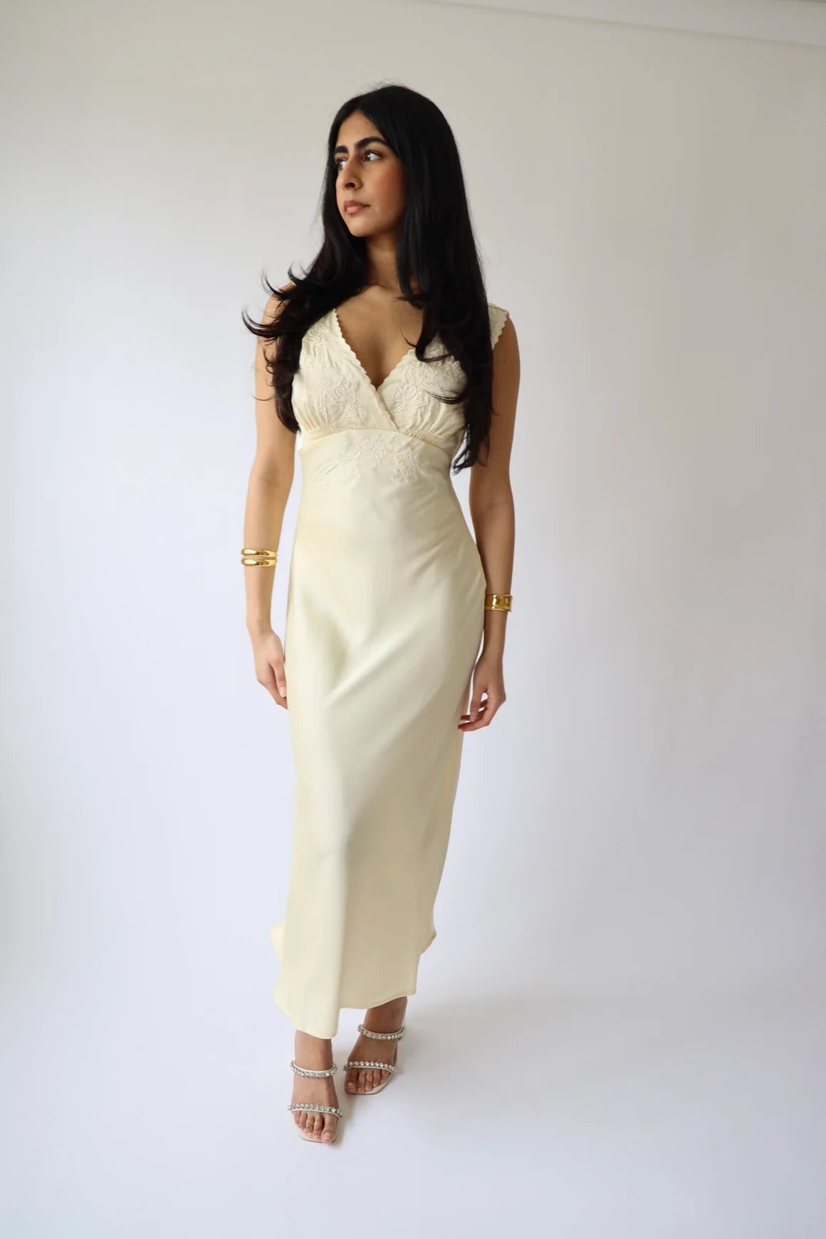 Lace-Trim V-Neck Midi Dress