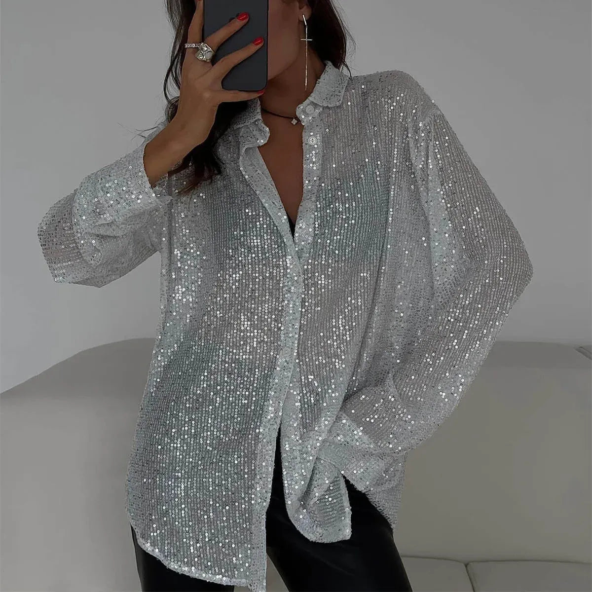 Long Sleeve Sequin Button-Up Shirt