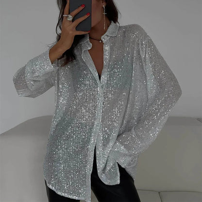 Long Sleeve Sequin Button-Up Shirt
